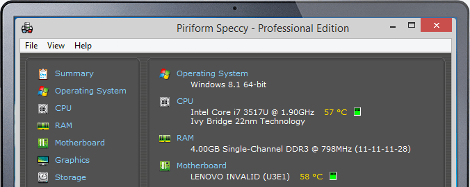 Speccy overview pane listing processor, memory, graphics, and storage at a glance
