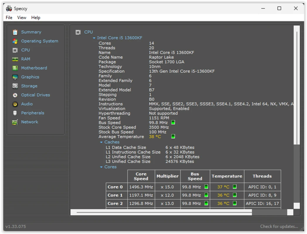 Speccy advanced specification view with vendor and firmware strings