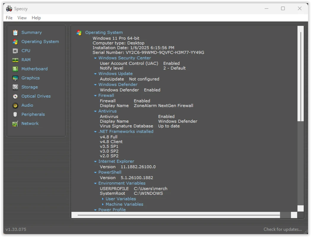 Preview of a Speccy-exported machine report ready to send