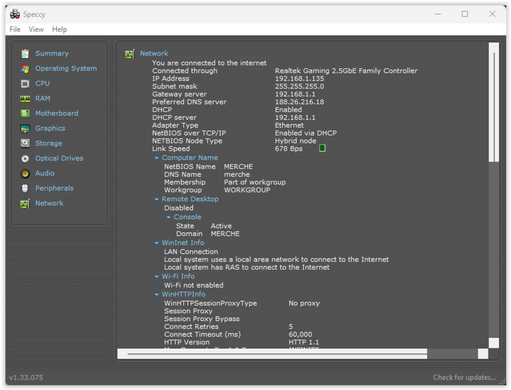 Speccy graphics page with adapter name, video memory, and display output