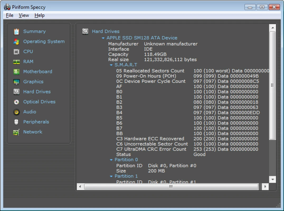 Speccy thermal dashboard with live CPU, GPU, board, and disk temperatures