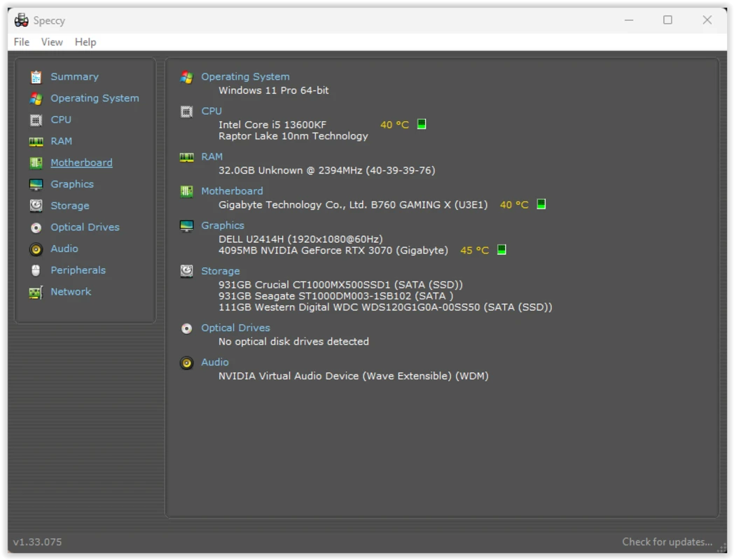 Speccy home summary with CPU model, RAM size, GPU name, and OS build