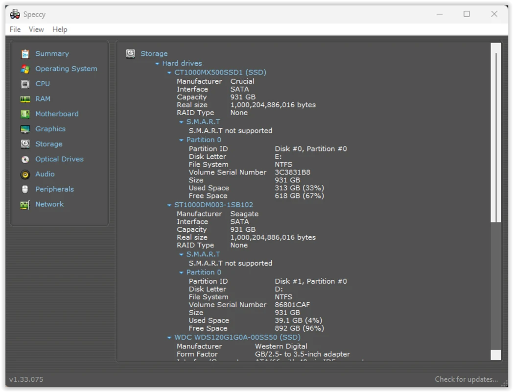 Speccy operating-system page with Windows edition, version, and architecture